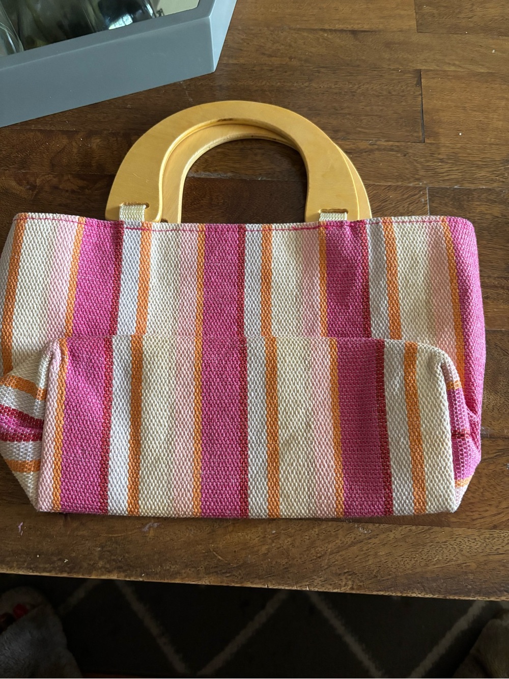 Neiman Marcus Pink, Orange & Cream Striped Tote with Wooden Handles